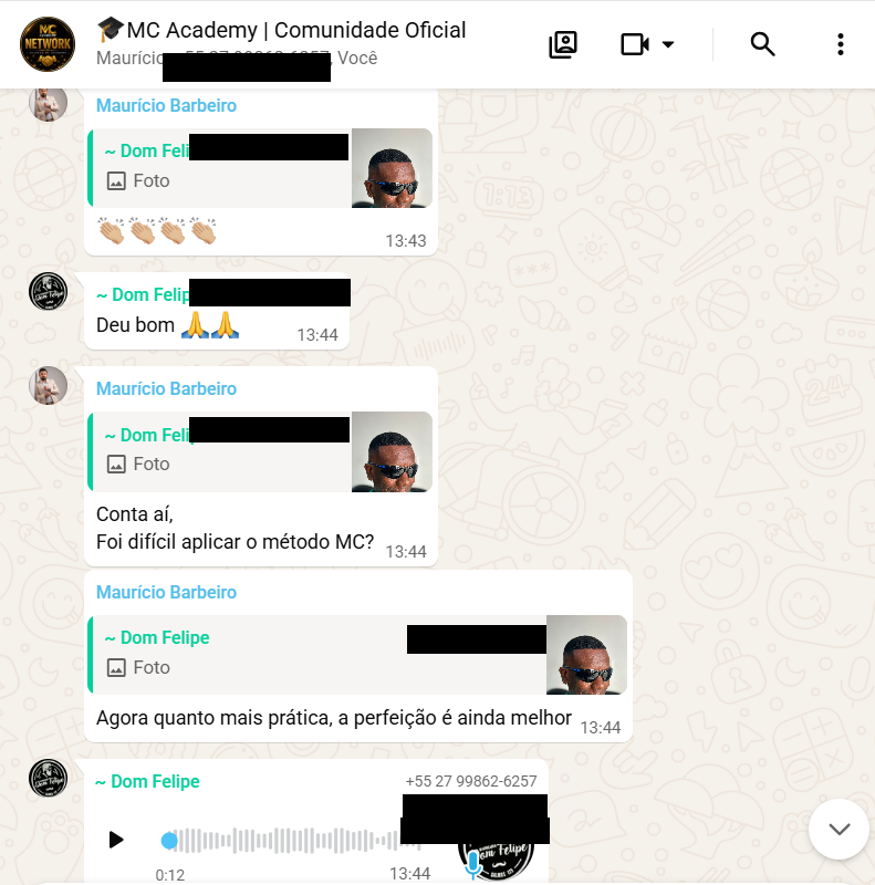 Conversa do grupo oficial com telefones ocultados
